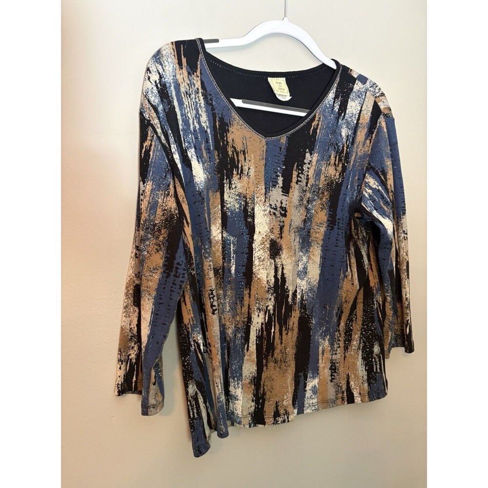 Jess & Jane Abstract Brushstroke Top Artsy Sequin Lagenlook Boho Earthy Size L